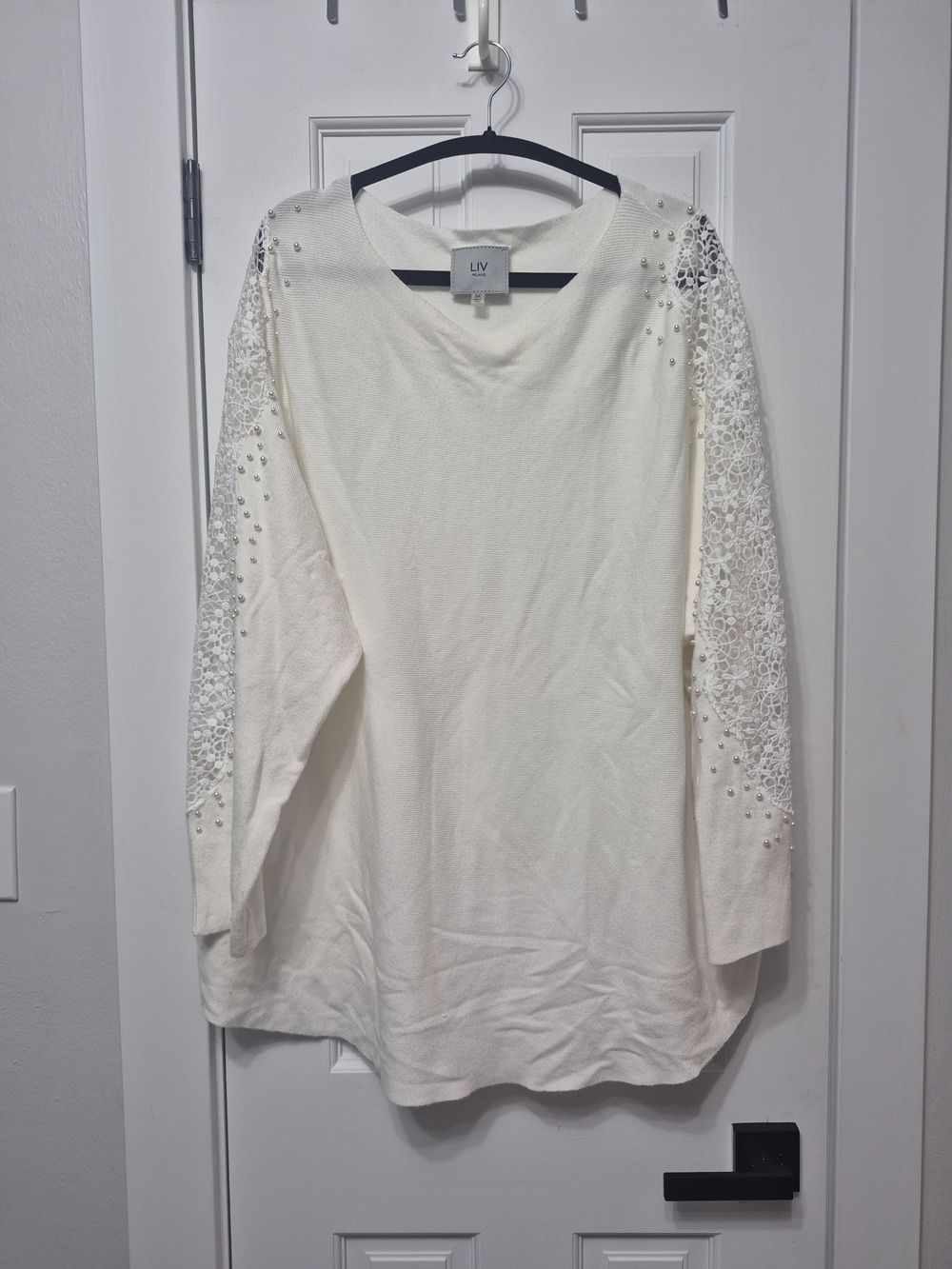LIV Cream Lace & Pearl-Embellished Long-Sleeve Knit Top